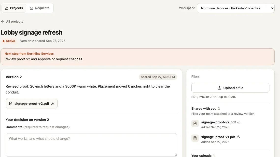 Client Portal as the client sees it: version 2 of a sign proof with Approve and Request changes buttons and the shared files