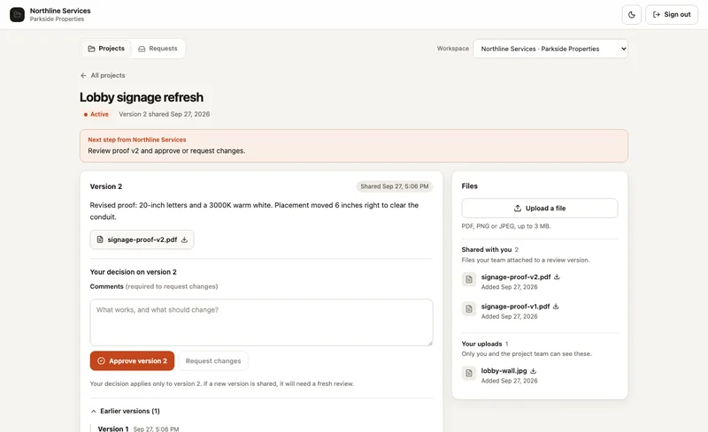 Client Portal with demo data: a lobby signage project waiting for the client to approve version 2