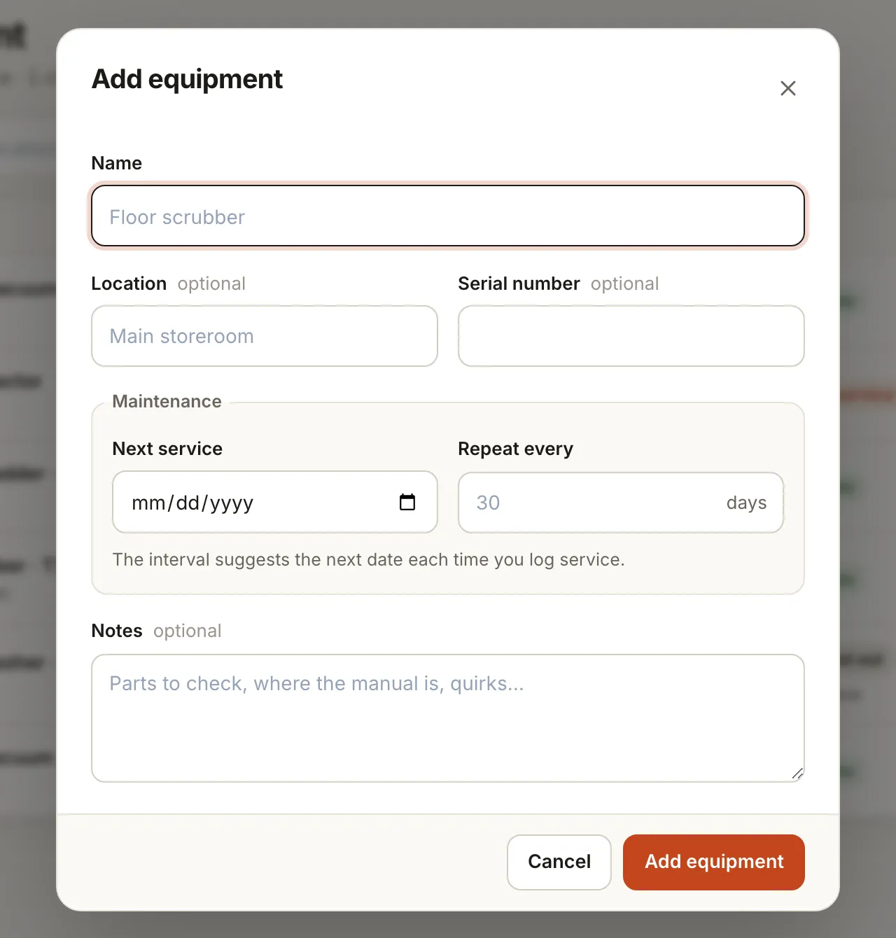 Add equipment form with name, location, serial number, next service date and repeat interval