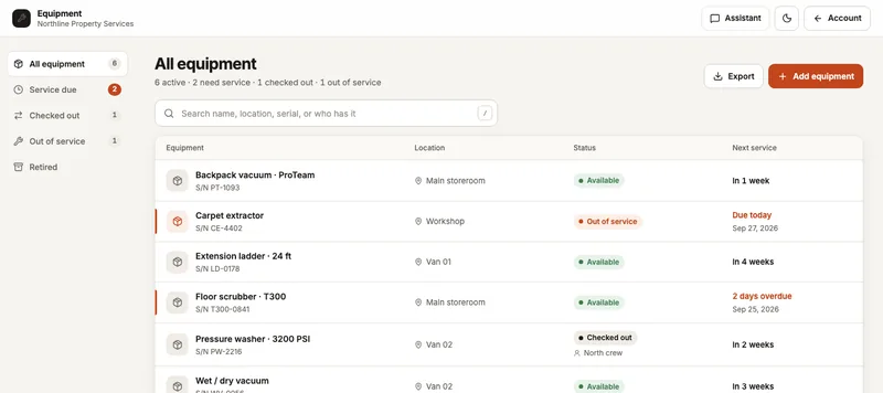 Equipment Maintenance equipment list with service status