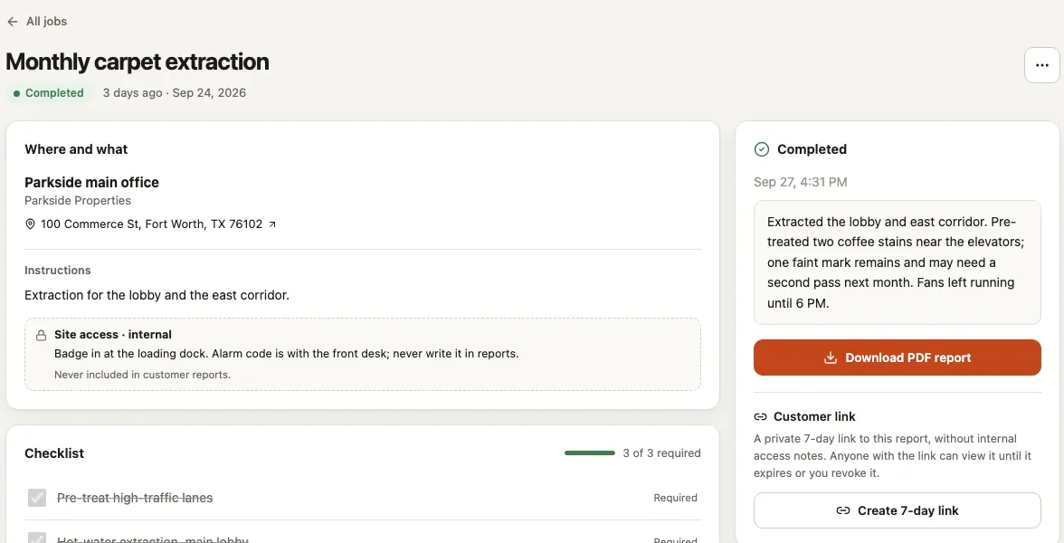 Proof of Work completed job with site instructions, checklist, completion notes, PDF report and customer link
