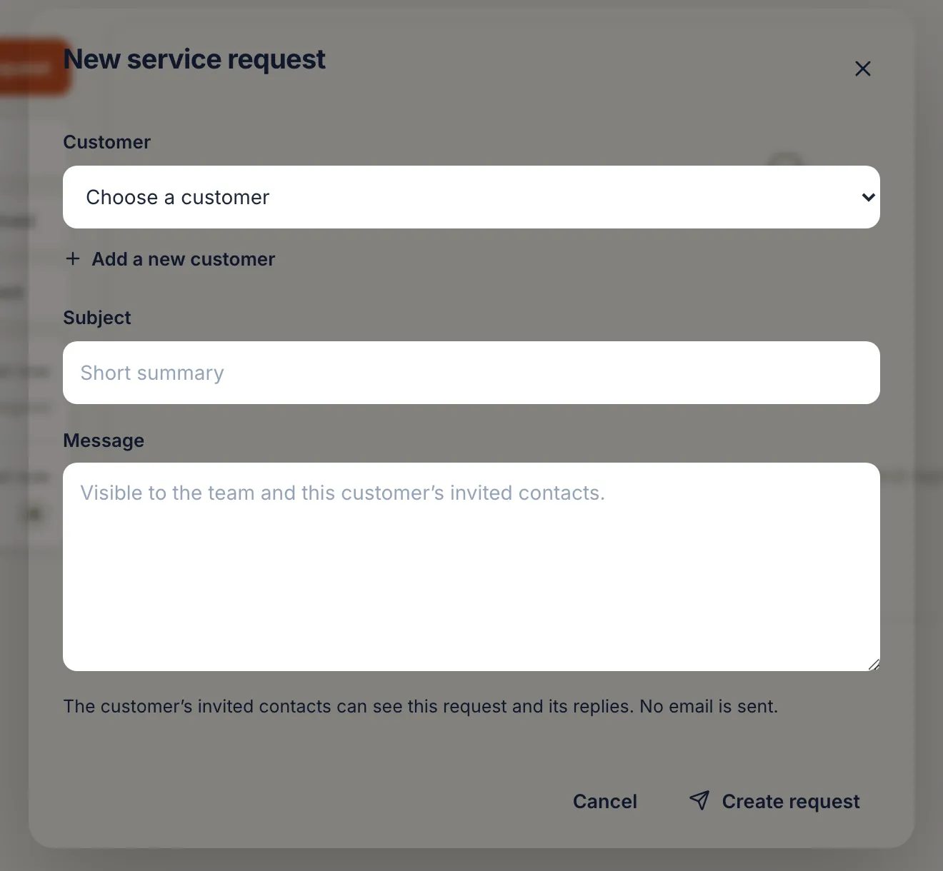 New service request form with customer, subject and message fields