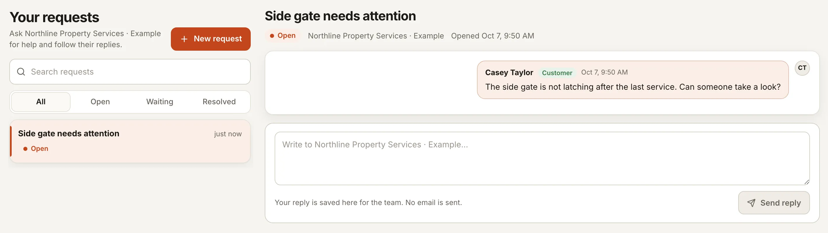 Service Inbox as an invited customer sees it: their requests, the side gate request thread and the reply box
