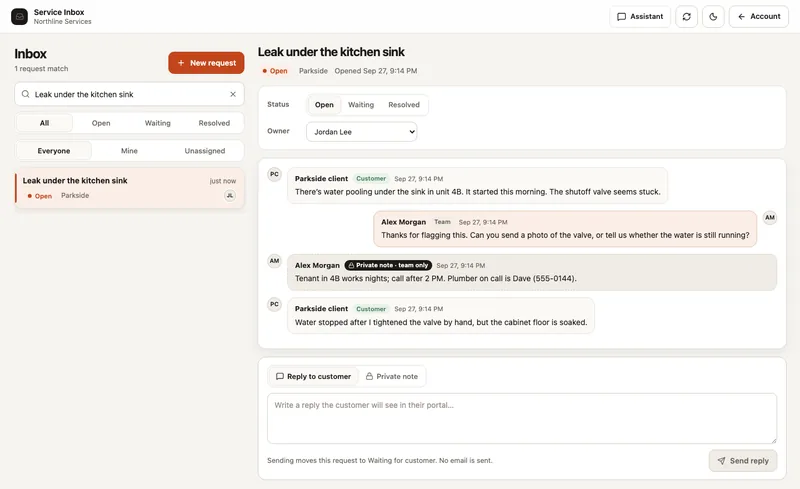 Service Inbox with demo data: a leak under a kitchen sink, the customer thread and a private team note