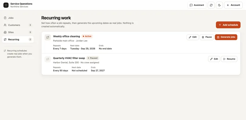 Service Operations schedule workspace