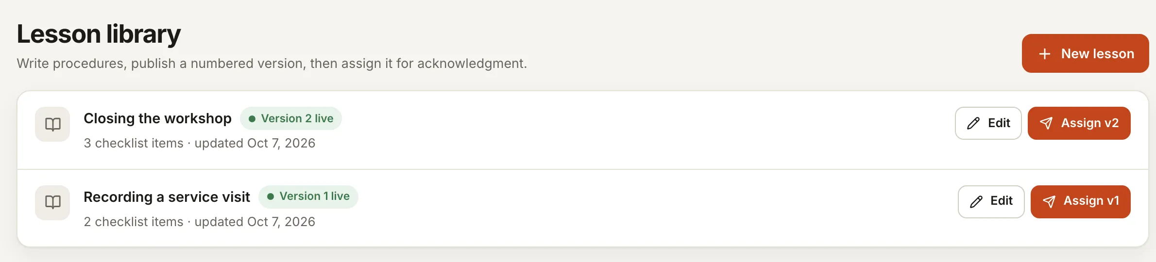 Lesson library with two procedures, each showing its live version and an Assign button