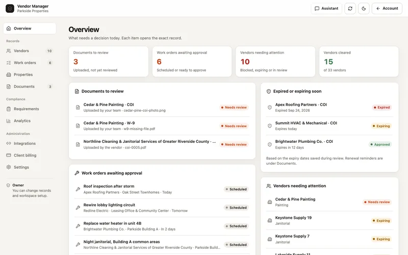Vendor Manager with demo data: documents to review, work orders awaiting approval and expiring certificates