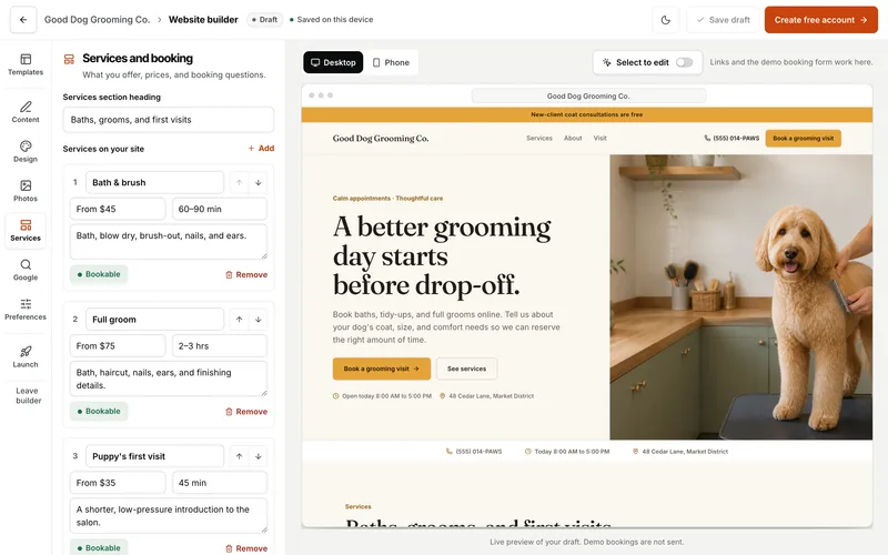 The services editor in the website builder with demo data: services with prices, lengths and descriptions, an Add button, and the live site beside it