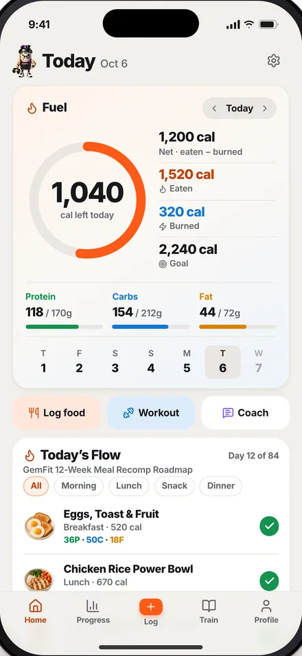 GemFit Today screen with demo data: 1,040 calories left, protein, carbs and fat against targets, and logged meals