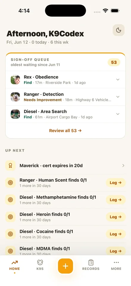 K9Codex home screen with demo data: a training sign-off queue for three dogs and upcoming certification tasks