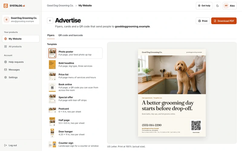 The Advertise tab in the owner portal with demo data: a list of flyer templates and a letter-size photo poster made from the grooming site, with its photo, headline, phone, hours and a Scan to book QR code, plus Print and Download PDF buttons