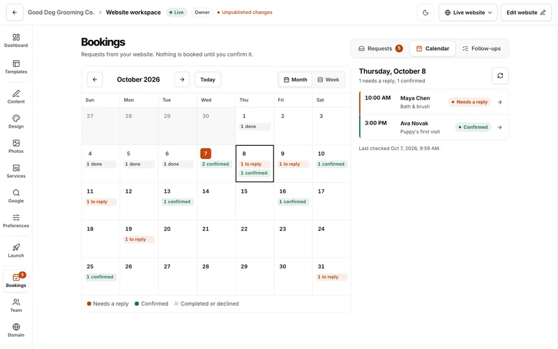 The bookings calendar in the owner portal with demo data: October with requests to reply to and confirmed visits, and Thursday's two requests listed beside it