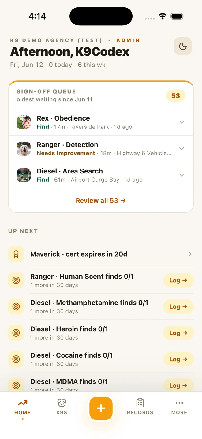 Actual K9Codex demo-agency dashboard with training sign-offs, dog records, and upcoming tasks