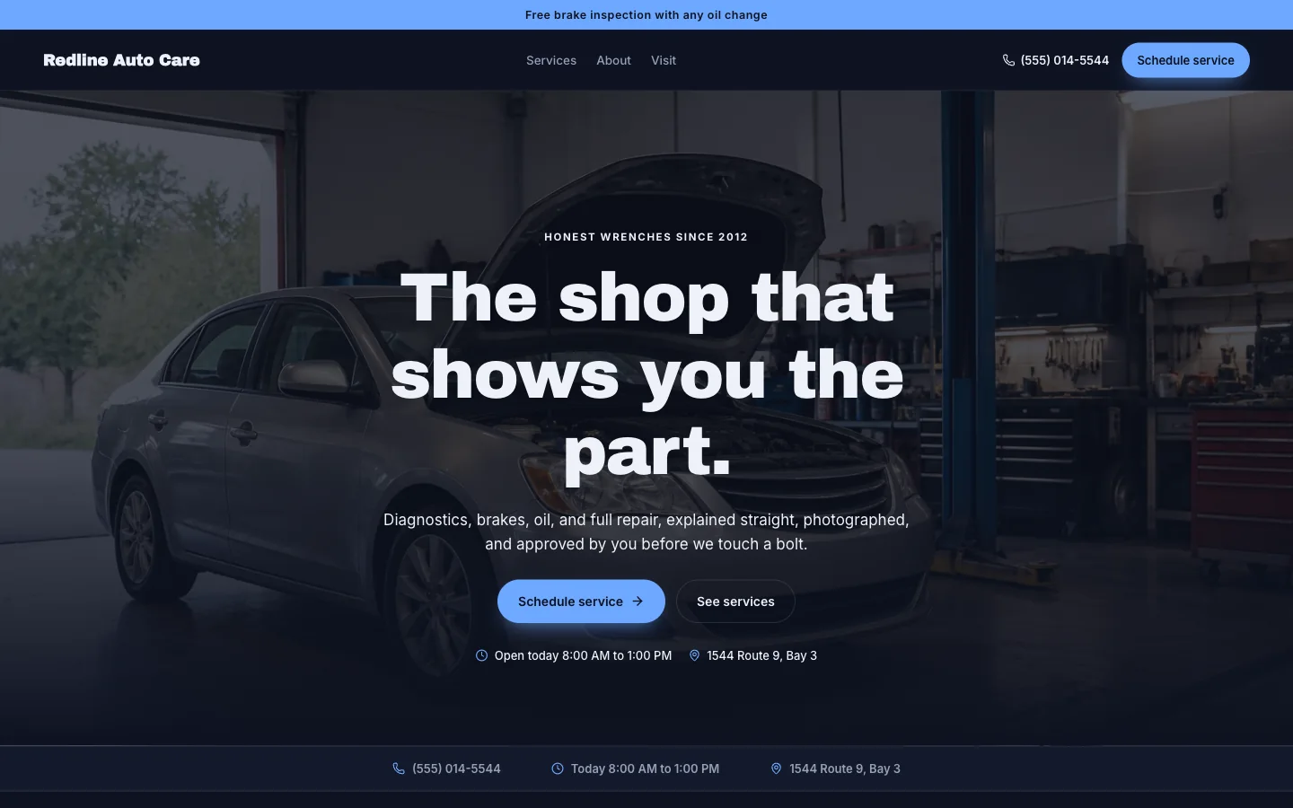 Auto repair website design with example business content