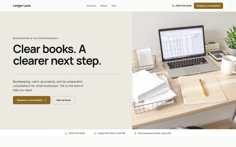 Bookkeeping website template with example content