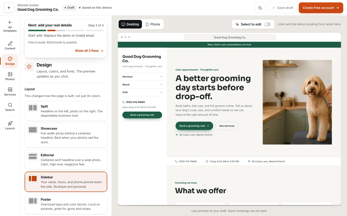 Actual SYSTALOG website editor with design settings and a live example-business preview