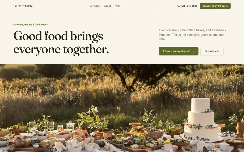 Catering and bakery website template with example content