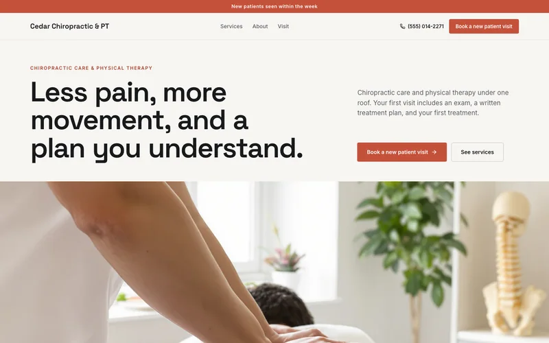 Chiropractor and physical therapy website template with example content