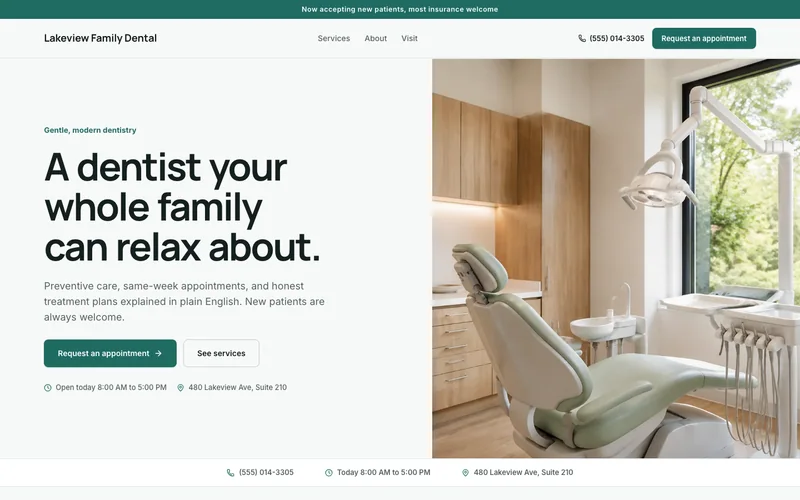Lakeview website template, desktop view with sample details