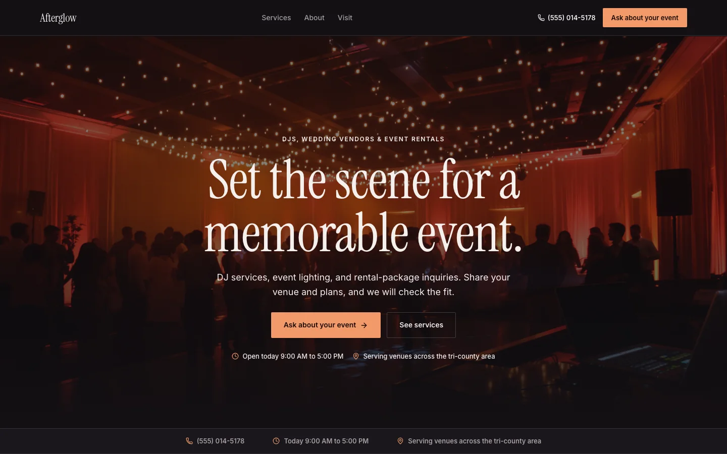 The djs, wedding vendors & event rentals website template with example business Afterglow; illustrative photography