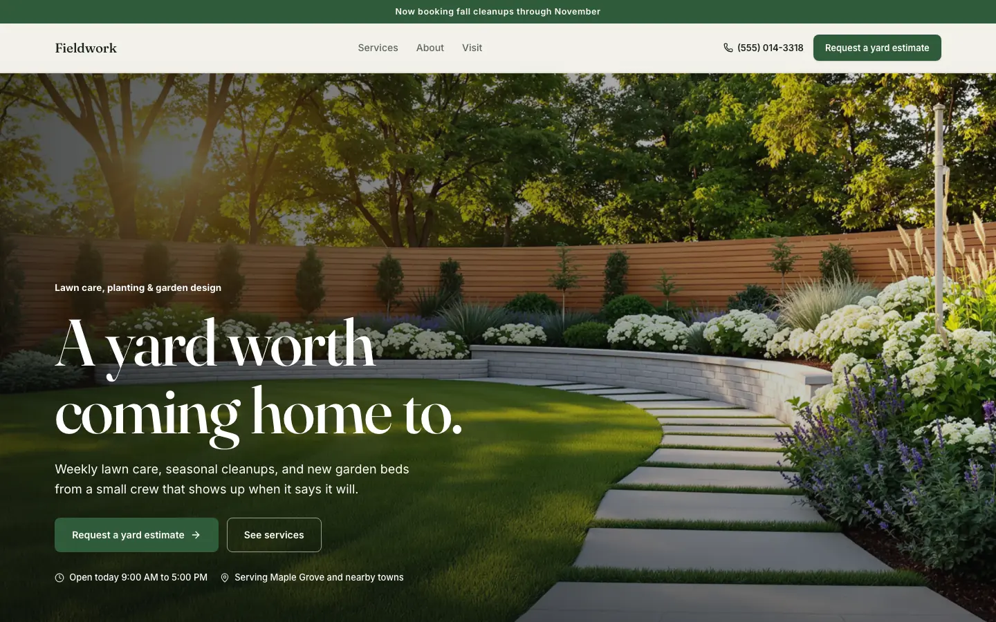 Landscaping & lawn care website design with example business content
