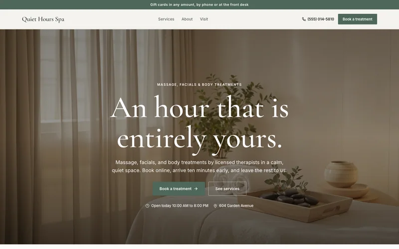 Massage and spa website template with example content