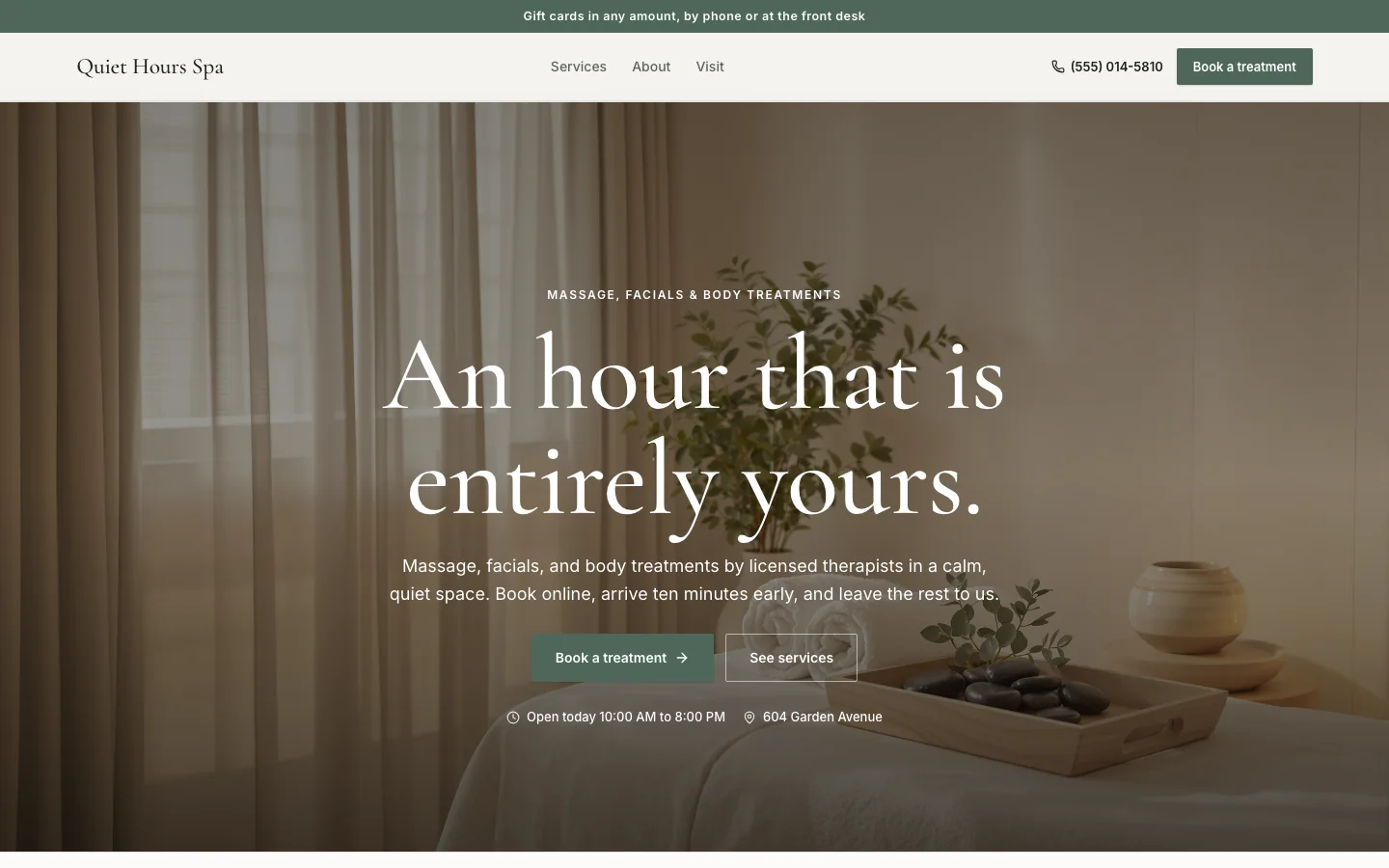 The massage & day spas website template with example business Quiet Hours Spa; illustrative photography