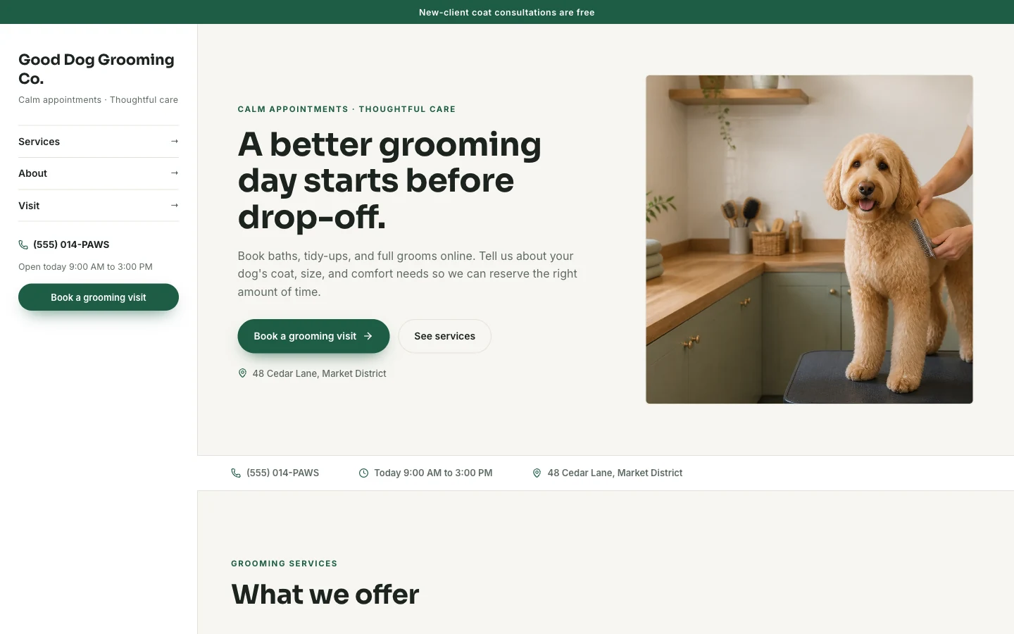 Good Dog grooming template with a green booking button and an illustrative dog-grooming photo