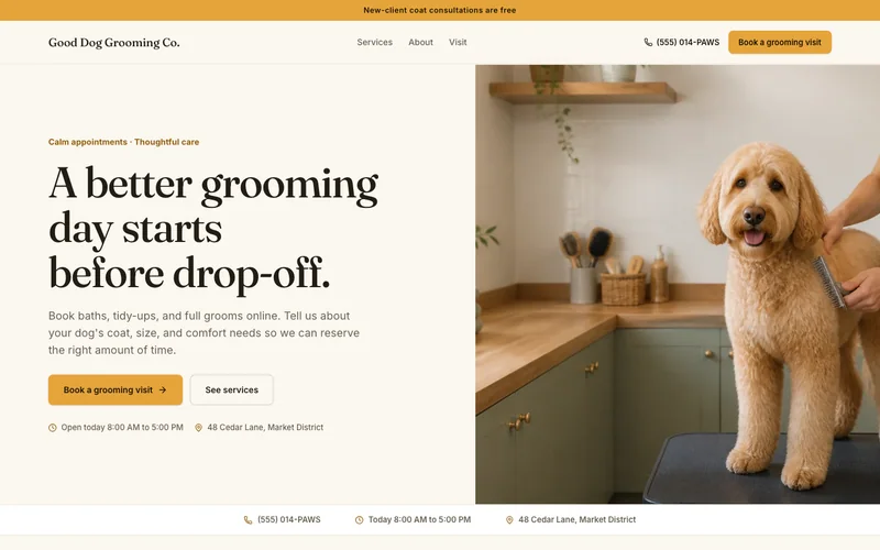 Pet grooming website template with example content