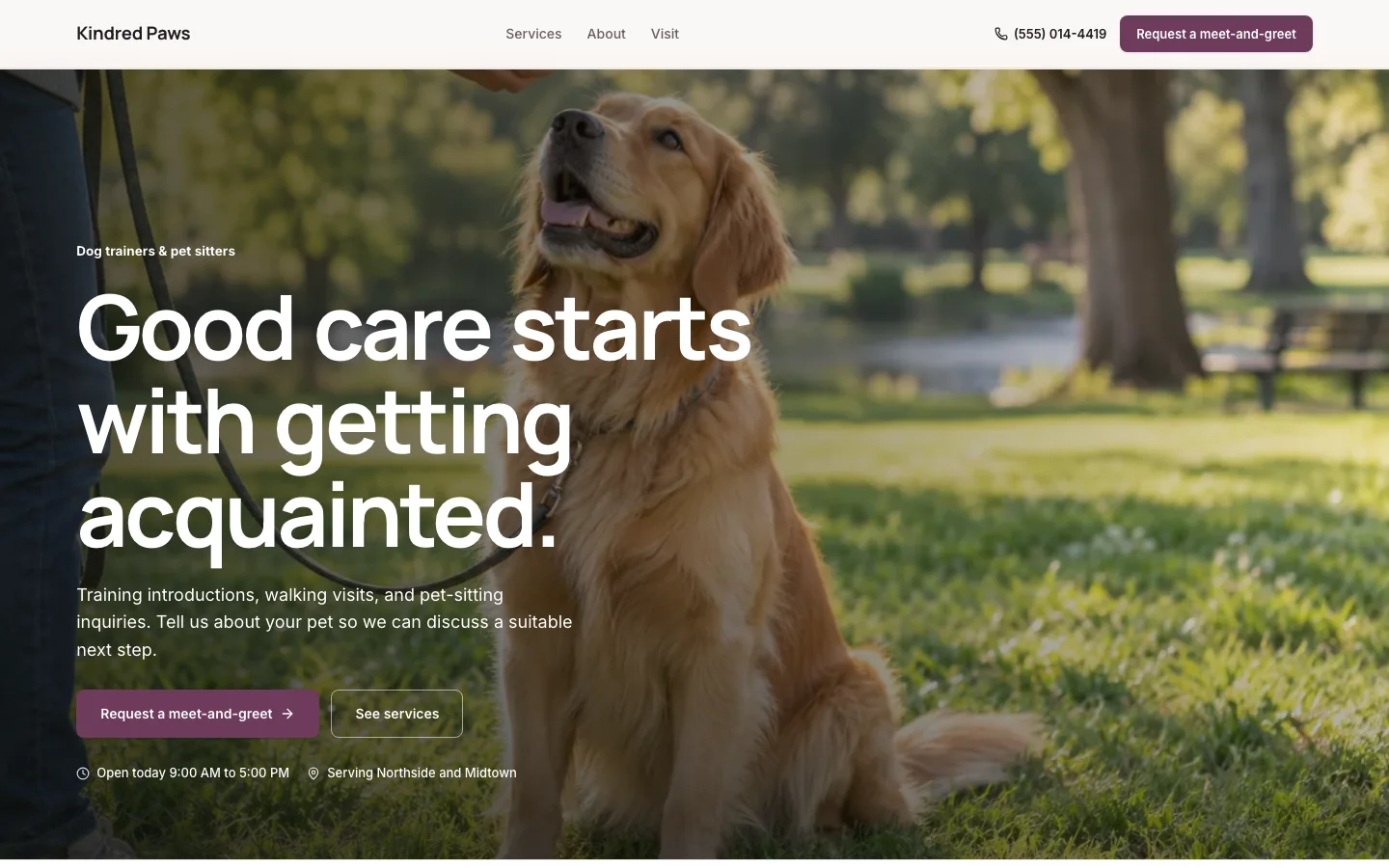 The dog trainers & pet sitters website template with example business Kindred Paws; illustrative photography