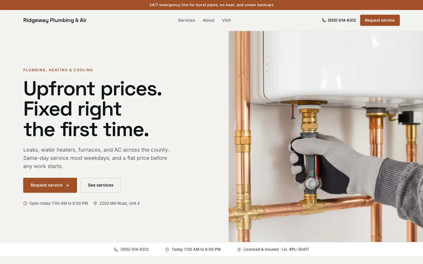 Plumbing & HVAC website design with example business content