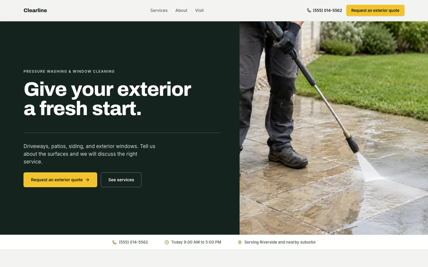 The pressure washing & window cleaning website template with example business Clearline; illustrative photography