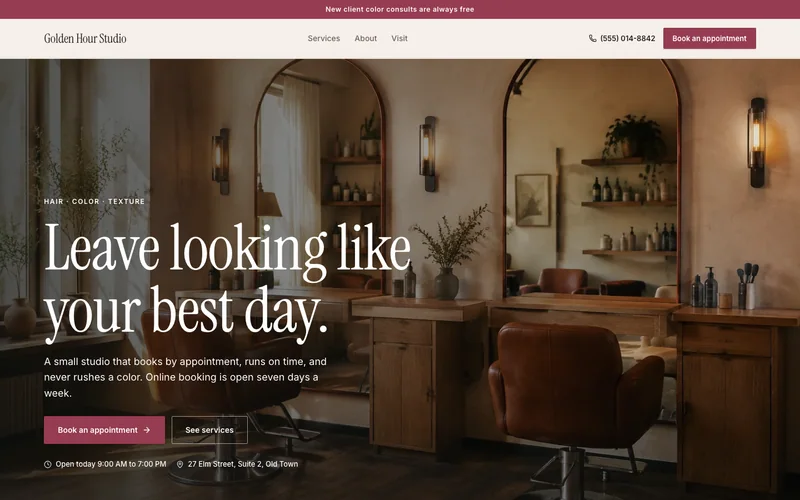 Golden Hour website template, desktop view with sample details