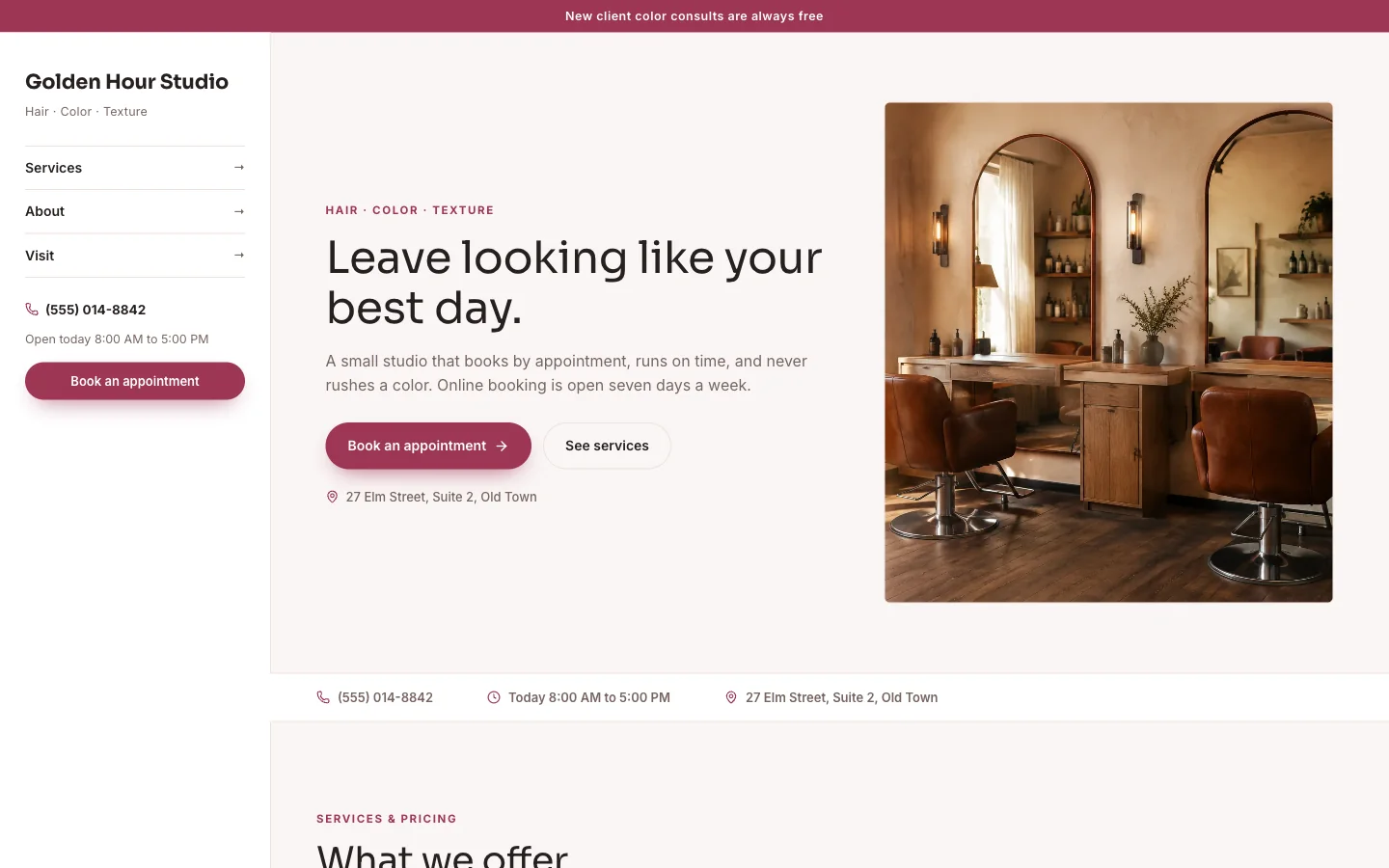 Salons & barbers website design with example business content