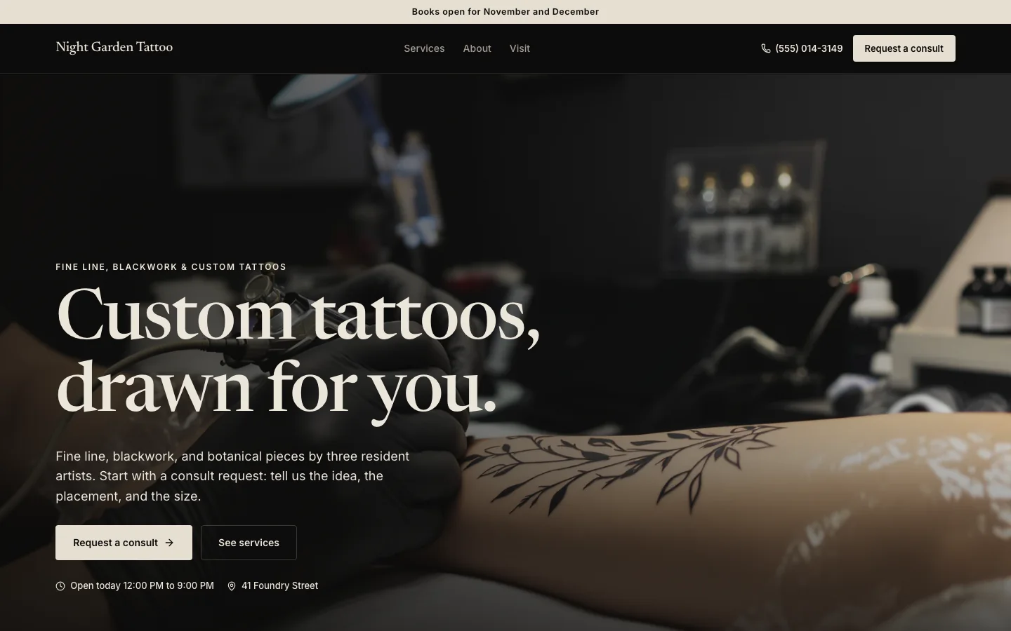 The tattoo studios website template with example business Night Garden Tattoo; illustrative photography