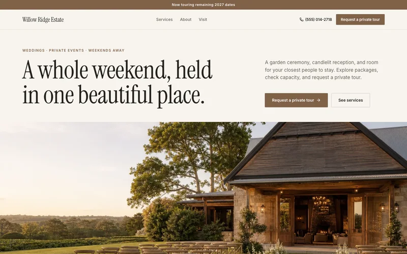Wedding venue website template with example content