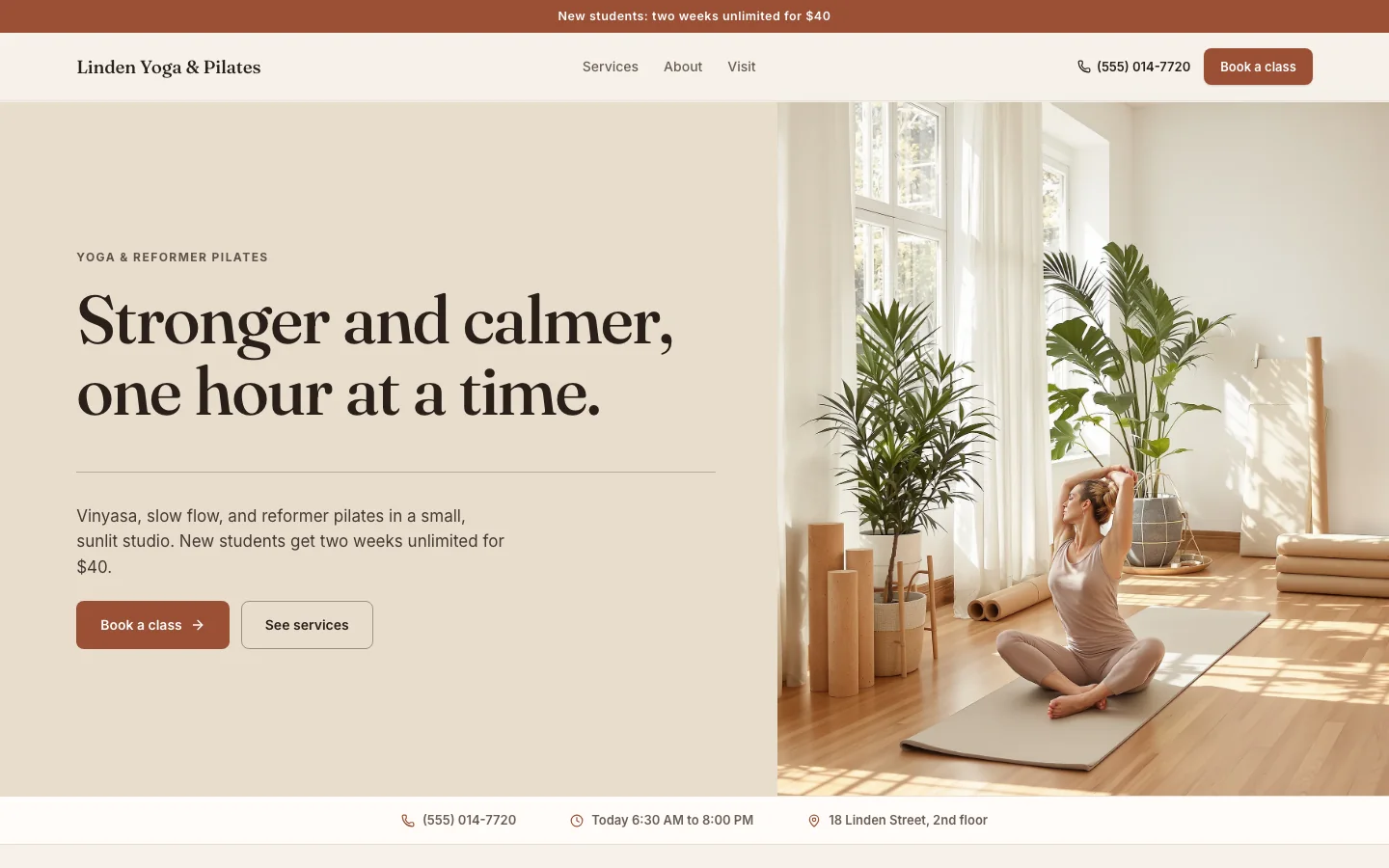The yoga & pilates studios website template with example business Linden Yoga & Pilates; illustrative photography