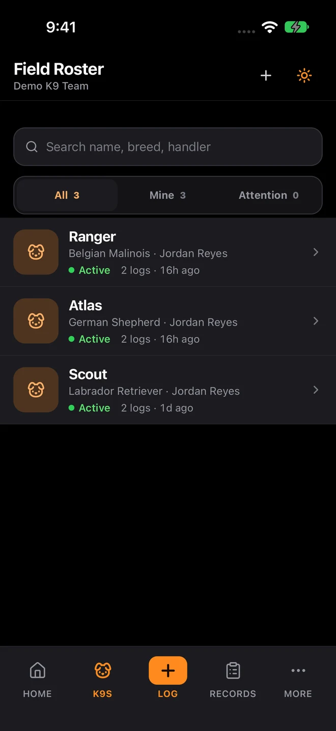 K9Codex iPhone Field Roster with sample data: three dogs, handler names, activity and log counts