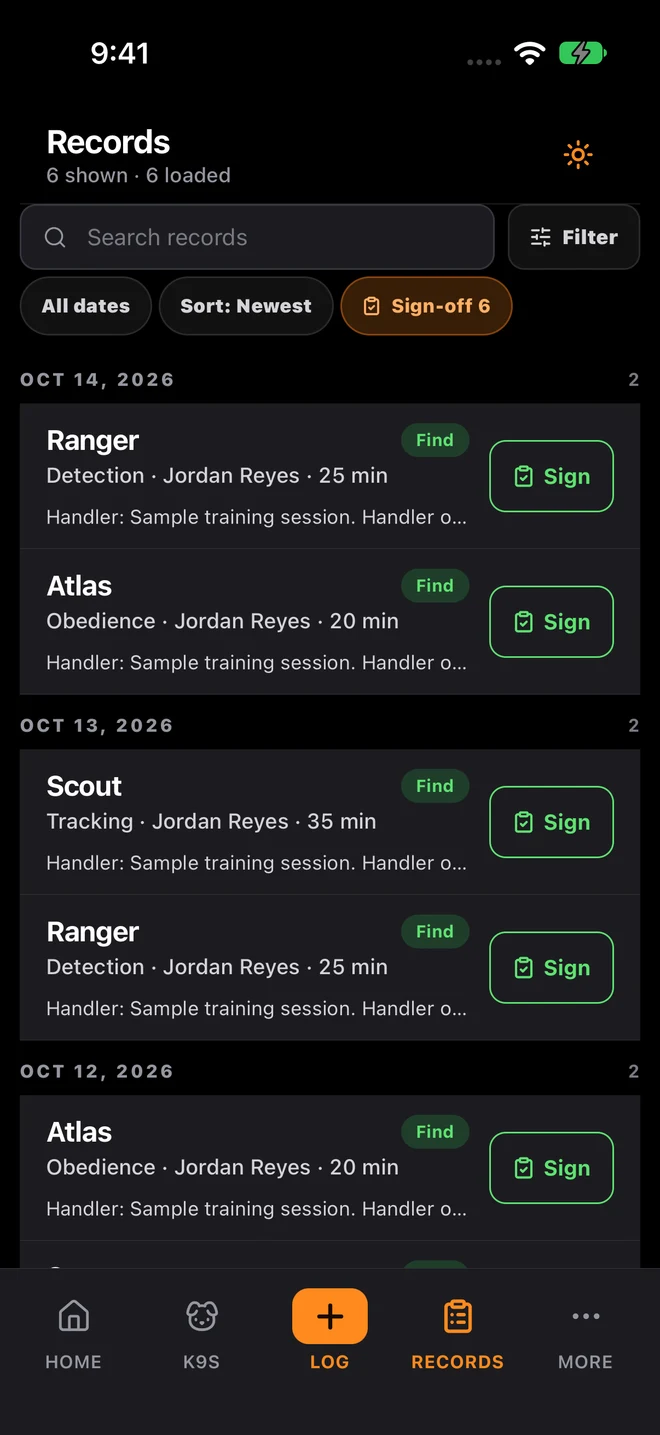 K9Codex iPhone Records with sample data: searchable training history and supervisor sign-off controls