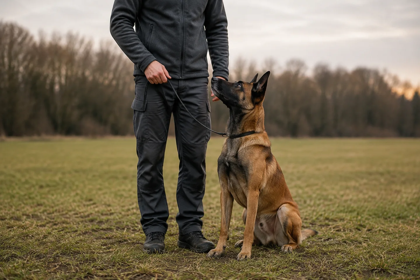 Illustration of an attentive Belgian Malinois beside a handler during an outdoor obedience session