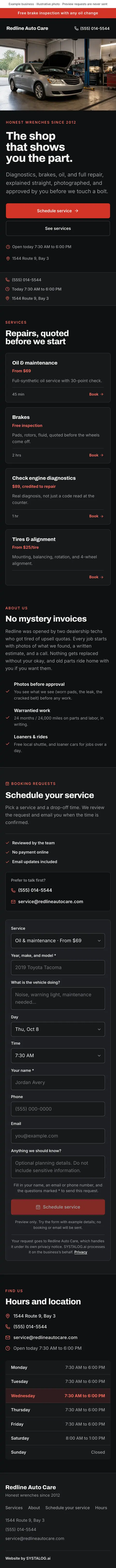 The whole auto repair template on a phone, from the top of the page to the footer