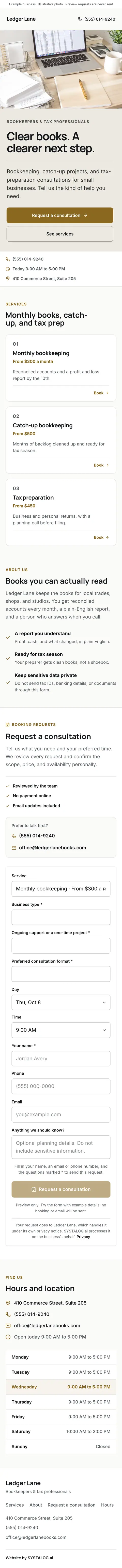 The whole bookkeepers & tax professionals template on a phone, from the top of the page to the footer