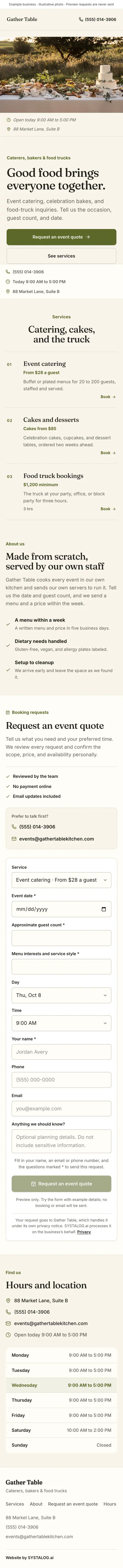 The whole caterers, bakers & food trucks template on a phone, from the top of the page to the footer