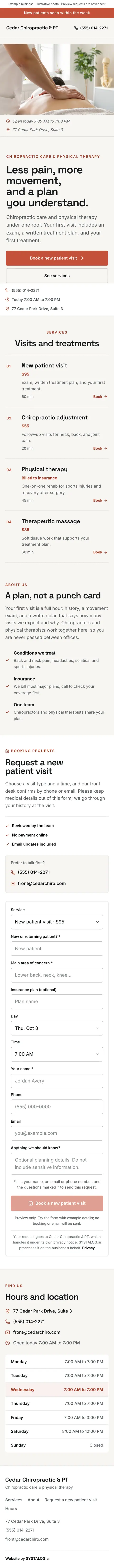 The whole chiropractors & physical therapy template on a phone, from the top of the page to the footer
