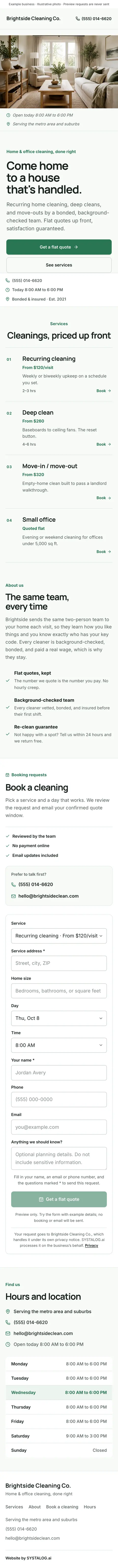 The whole cleaning services template on a phone, from the top of the page to the footer