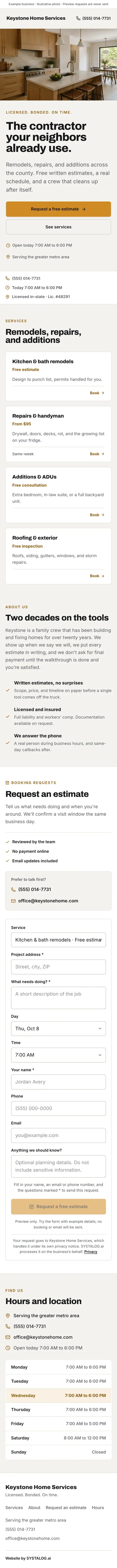 The whole contractors & trades template on a phone, from the top of the page to the footer
