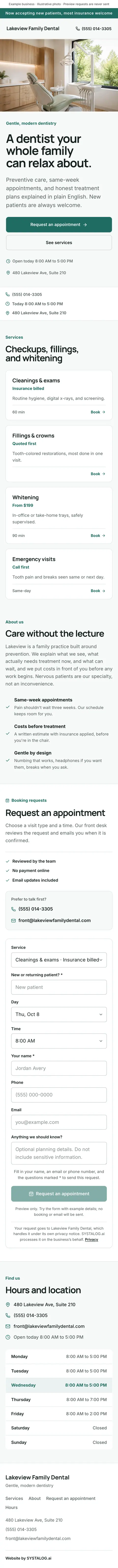 The whole dental & medical template on a phone, from the top of the page to the footer