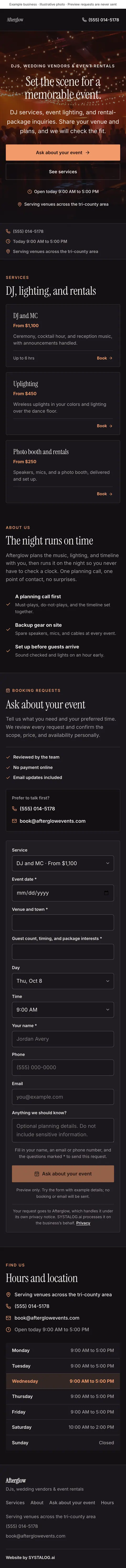 The whole djs, wedding vendors & event rentals template on a phone, from the top of the page to the footer