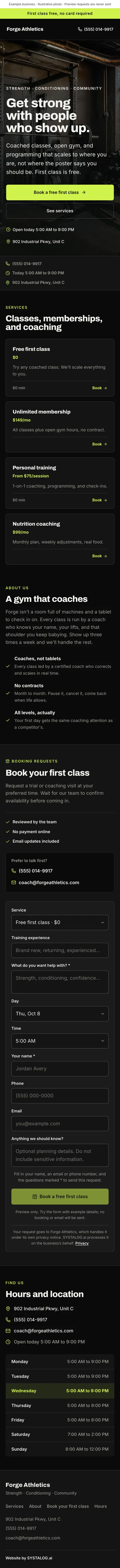 The whole gyms & fitness template on a phone, from the top of the page to the footer