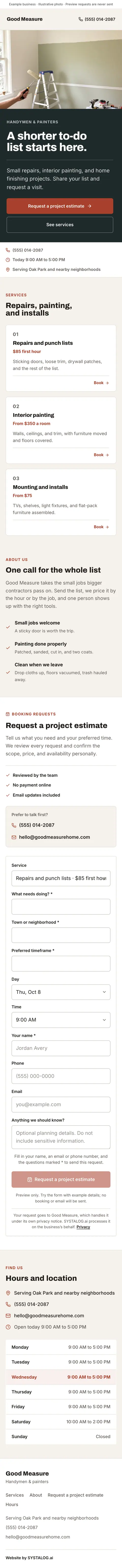 The whole handymen & painters template on a phone, from the top of the page to the footer